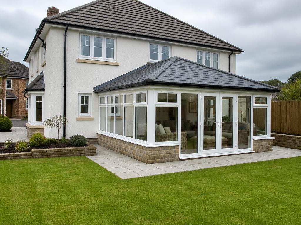 Modern UK conservatory with grey solid tiled roof